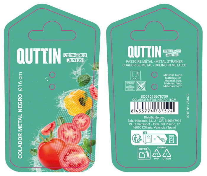 Quttin Colador Metal Negro 16 cm (12 Unidades)