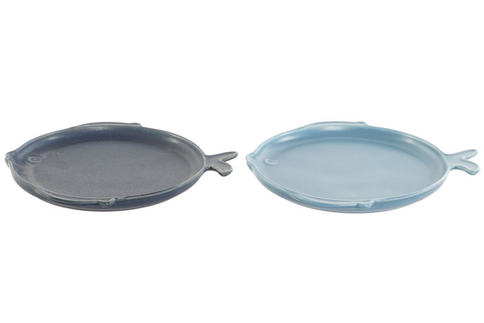 DKD Home Decor Plato de Porcelana Loving Home Peces Surtido de 2 Piezas en Colores Azul y Azul Celeste