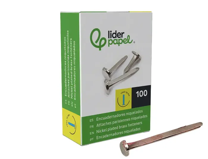 Liderpapel Encuadernadores Niquelados Cabeza Redonda 19 mm, Caja de 100 unidades