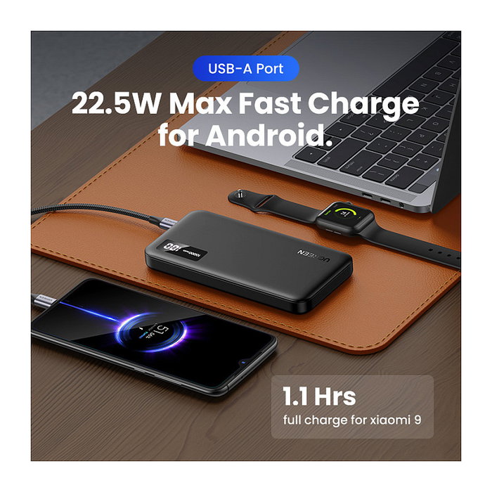 Ugreen 25742 Powerbank Carga Rápida 10000 mAh, Negro - 20W USB Power Delivery 3.0, Quick Charge 3.0, Dual Puerto USB-A y USB-C, Pantalla LED, Batería de Ión de Litio