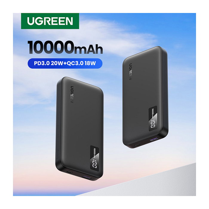 Ugreen 25742 Powerbank Carga Rápida 10000 mAh, Negro - 20W USB Power Delivery 3.0, Quick Charge 3.0, Dual Puerto USB-A y USB-C, Pantalla LED, Batería de Ión de Litio