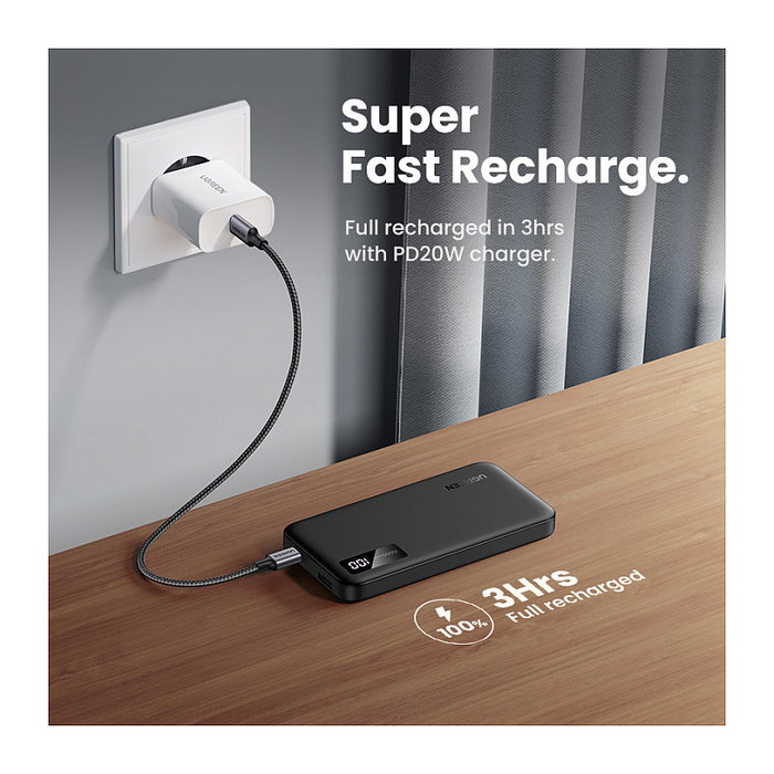 Ugreen 25742 Powerbank Carga Rápida 10000 mAh, Negro - 20W USB Power Delivery 3.0, Quick Charge 3.0, Dual Puerto USB-A y USB-C, Pantalla LED, Batería de Ión de Litio