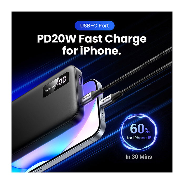 Ugreen 25742 Powerbank Carga Rápida 10000 mAh, Negro - 20W USB Power Delivery 3.0, Quick Charge 3.0, Dual Puerto USB-A y USB-C, Pantalla LED, Batería de Ión de Litio