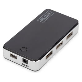 Digitus Concentrador USB 2.0 de 7 Puertos con Adaptador de Corriente, Negro/Plata
