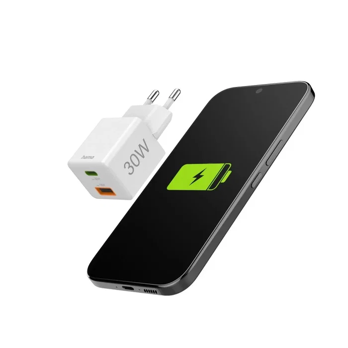 Hama Cargador USB Rápido Doble Puerto 30W PD QC 3.0 Blanco Compacto (00201992) - Smartphone, Tablet, AirPods, Universal
