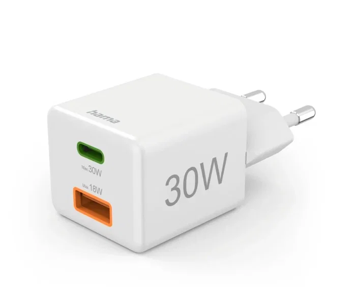 Hama Cargador USB Rápido Doble Puerto 30W PD QC 3.0 Blanco Compacto (00201992) - Smartphone, Tablet, AirPods, Universal