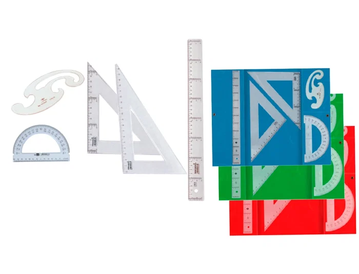 Liderpapel Juego de Reglas Escuadra y Cartabón 25cm, Regla 30cm, Semicírculo 15cm y Plantilla de Curvas en Petaca Opaca Verde