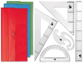 Liderpapel Juego de Reglas Escuadra y Cartabón 25cm, Regla 30cm, Semicírculo 15cm y Plantilla de Curvas en Petaca Opaca Verde