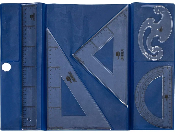 Liderpapel Juego de Reglas Escuadra y Cartabón 25cm, Regla 30cm, Semicírculo 15cm y Plantilla de Curvas en Petaca Opaca Verde