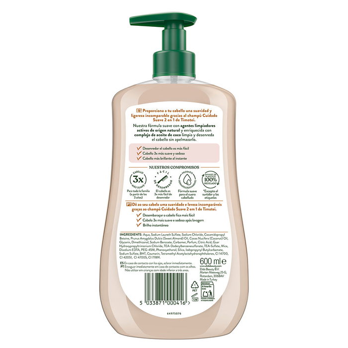 Timotei Champú 2 en 1 Cuidado Suave con Aceite de Almendra y Coco para Todo Tipo de Cabello - 600 ml