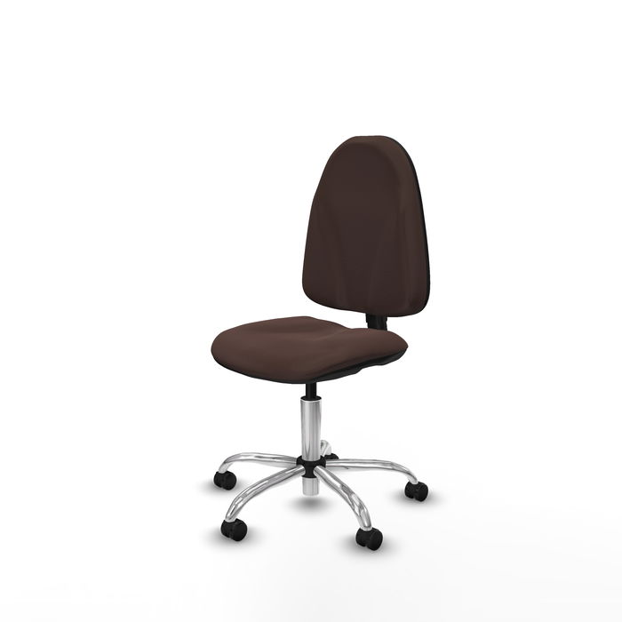 Silla de oficina Algarra con mecanismo Contacto permanente básico tapizada con Similpiel color Marrón oscuro. Equipada con Base cromada, Sin brazos y Ruedas de parqué Silla de oficina Algarra con mecanismo Contacto permanente básico tapizada con Similpiel color Marrón oscuro. Equipada con Base cromada, Sin brazos y Ruedas de parqué