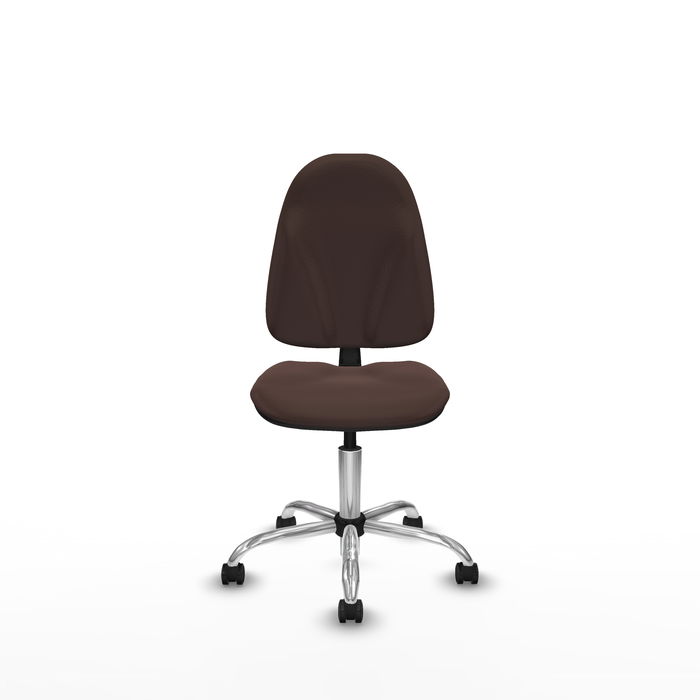 Silla de oficina Algarra con mecanismo Contacto permanente básico tapizada con Similpiel color Marrón oscuro. Equipada con Base cromada, Sin brazos y Ruedas de parqué Silla de oficina Algarra con mecanismo Contacto permanente básico tapizada con Similpiel color Marrón oscuro. Equipada con Base cromada, Sin brazos y Ruedas de parqué