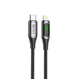 Qcharx Cable Tipo C a Lightning Fast Charge PD 20W con Indicador LED - 1 Metro - Nylon Gris Anti-Nudos - Carga y Sincronización