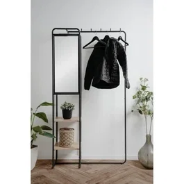 LUTON Mueble de recibidor LUTON003747 con estructura metálica negro/roble artesano, 100x185x37 cm, 2 estantes y espejo