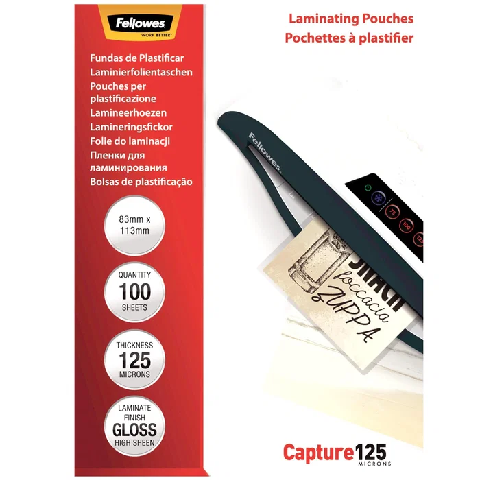 Fellowes Fundas de Plastificar Brillo 125 Mic. 83x113mm