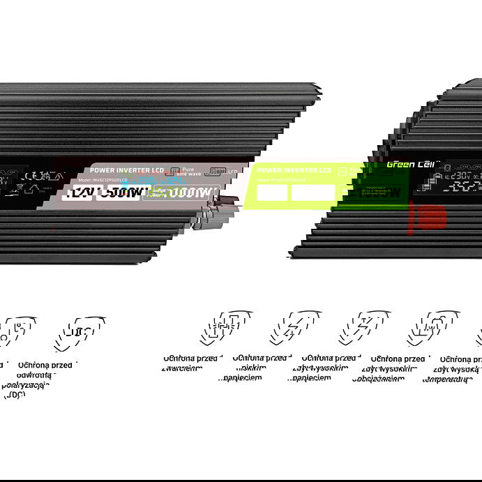 Green Cell KFZ Power Inversor para Coche 12V a 230V 500W/1000W con Pantalla LCD