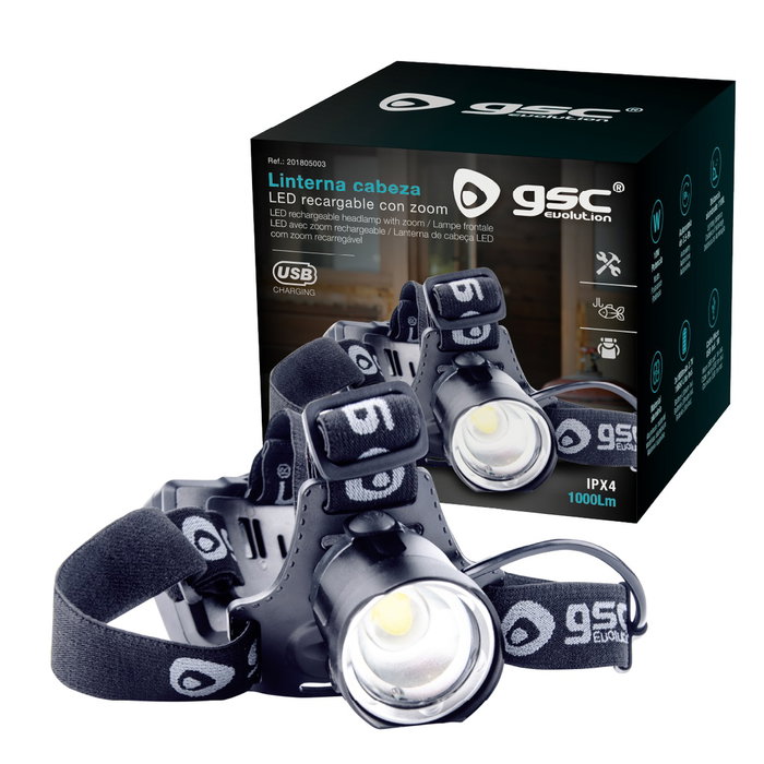 GSC Evolution Linterna de cabeza LED con zoom recargable USB 1000lm