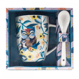 Enesco Taza con Cuchara Búhos y Flores Decorada Diseño Artístico Ideal Regalo
