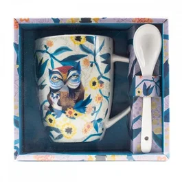 Enesco Taza con Cuchara Decorativa Coleccionable, Diseño Búhos y Flores, Licencia Oficial