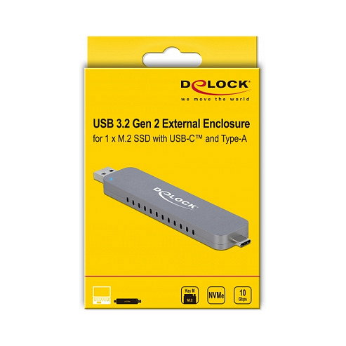 DeLOCK 42616 Caja Externa para SSD M.2 NVMe PCIe, USB 3.2 Gen 2 Tipo-C y Tipo-A, 10 Gbit/s, Metal Plata