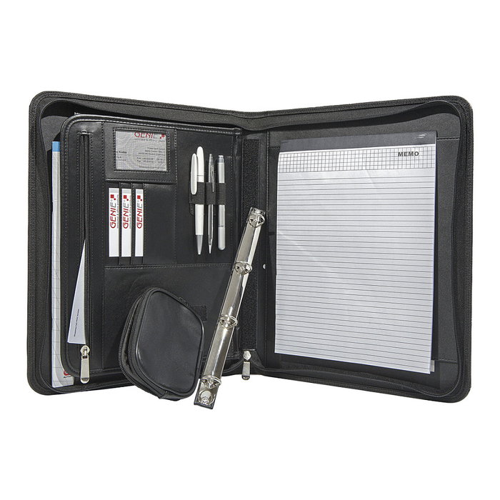 GENIE 12444 Mochila para Portátil y Carpeta A4 Negra, Cuero y Nylon, con Cremallera, Portabolígrafos, 375 x 640 x 280 mm