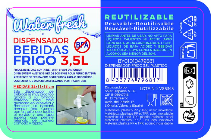 Inde Dispensador de Agua Frigo, 3.5 Litros, Plástico, 25x11x18 cm (12 Unidades)