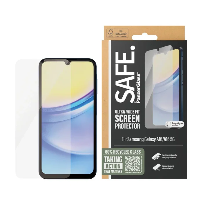 PanzerGlass Protector de Pantalla Vidrio Templado SAFE. para Samsung Galaxy A16/A16 5G Ultra-Wide Fit (UWF), Resistente a Golpes y Rayones, 1 Pieza
