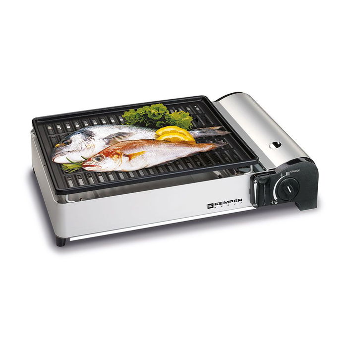 Kemper Barbacoa Portátil a Gas Butano para Camping, 1.9 kW, Encendido Piezoeléctrico, Parrilla de Aluminio Antiadherente 27x34 cm, Saco de Transporte, 45 x 32 x 9 cm