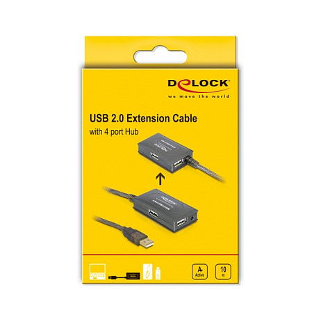 DeLOCK Alargador USB 2.0 Activo de 10 m con Hub de 4 Puertos, Compatible con Mac, Plug and Play, Gris
