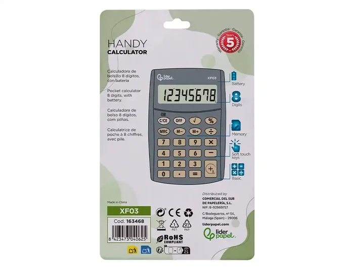 Liderpapel Calculadora XF03 Bolsillo 8 Dígitos Gris 99x64x9 mm con Pilas