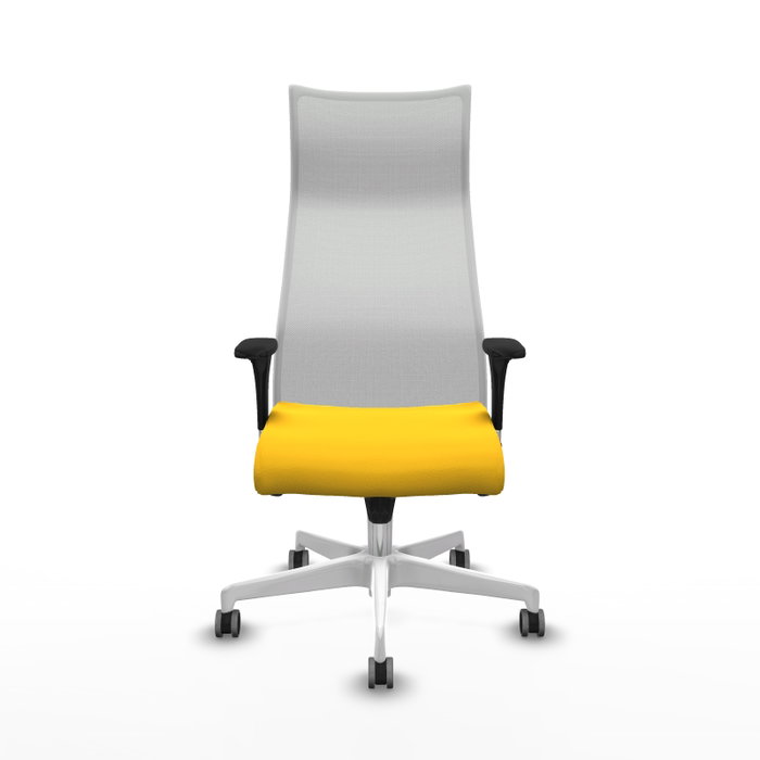 Sillón Albacete con mecanismo Sincro tapizada con Similpiel color Amarillo y malla color Blanco. Equipado con Base poliamida blanca, Brazos 1D y Ruedas 65 mm parqué