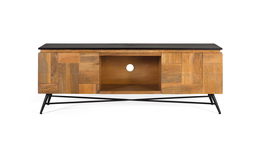 GINER Y COLOMER Mueble TV Madera de Mango 150 cm Acabado Natural con Tapa Negra, 2 Puertas y Hueco Central para Dispositivos