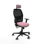 Silla de oficina Alfera con mecanismo Sincro tapizada con Tela color Rosa y malla color Negro. Equipada con lumbar 1D, Brazos 1D, Cabecero 2D y Ruedas 65 mm parqué