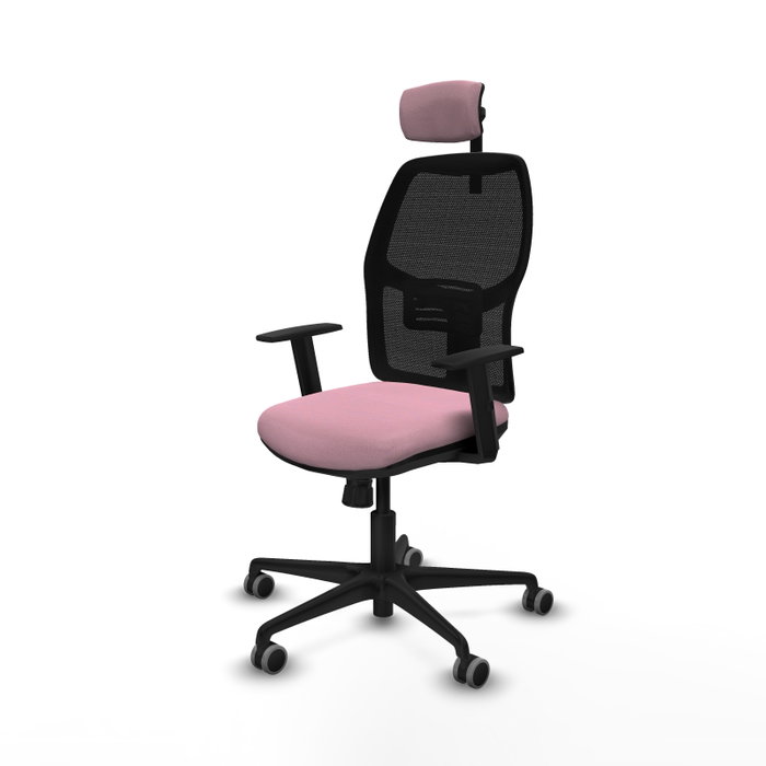 Silla de oficina Alfera con mecanismo Sincro tapizada con Tela color Rosa y malla color Negro. Equipada con lumbar 1D, Brazos 1D, Cabecero 2D y Ruedas 65 mm parqué Silla de oficina Alfera con mecanismo Sincro tapizada con Tela color Rosa y malla color Negro. Equipada con lumbar 1D, Brazos 1D, Cabecero 2D y Ruedas 65 mm parqué