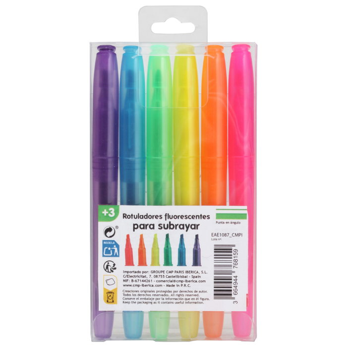 CMP Juego De 6 Rotuladores Fluorescentes para Subrayar, Punta en Ángulo - Rosa, Naranja, Amarillo, Verde, Azul, Lila