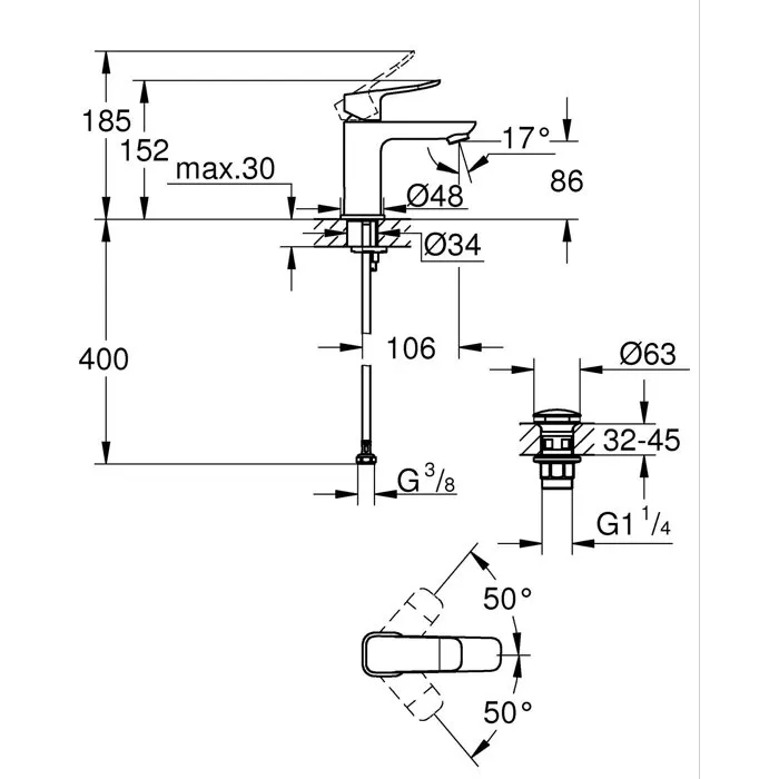 GROHE DICE - Grifo mezclador para lavabo de tamaño S con sistema click-clack en negro mate - AACJX49477