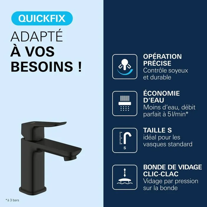 GROHE DICE - Grifo mezclador para lavabo de tamaño S con sistema click-clack en negro mate - AACJX49477