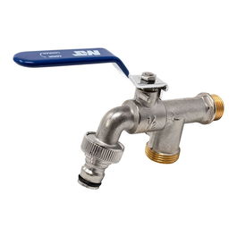 MT Grifo de Esfera para Jardín PN16, Entrada Ø1/2" - 2 Salidas Ø3/4", Palanca de Acero Cromado Azul, Latón, Antihielo, -10 a 80°C