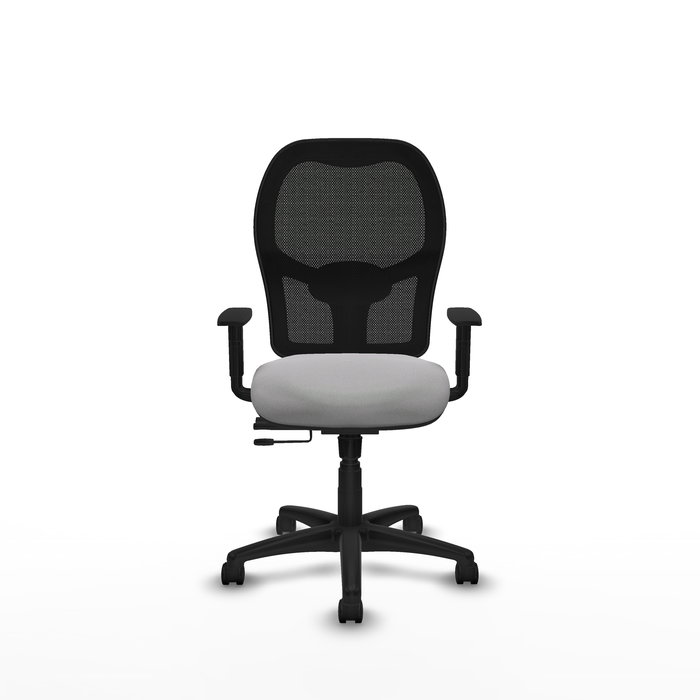Silla de oficina Alocén con mecanismo Sincro/Traslack tapizada con Tela color Gris claro y malla color Negro. Equipada con lumbar 1D, Brazos 1D y Ruedas de nailon 50 mm