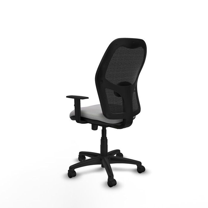 Silla de oficina Alocén con mecanismo Sincro/Traslack tapizada con Tela color Gris claro y malla color Negro. Equipada con lumbar 1D, Brazos 1D y Ruedas de nailon 50 mm