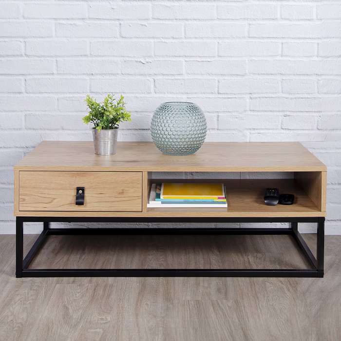 Home Deco Factory Mesa Baja Cajón Abbott Industriel Madera Metal 100x50x36 cm