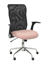 Silla de oficina Minaya con mecanismo Basculante tapizada con Tela color Rosa y malla color Negro. Equipada con Base cromada, Brazos abatibles y Ruedas de nailon 50 mm