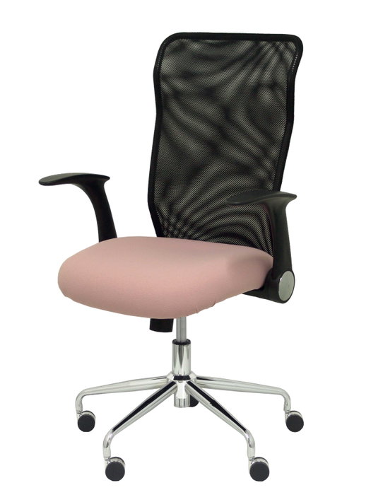 Silla de oficina Minaya con mecanismo Basculante tapizada con Tela color Rosa y malla color Negro. Equipada con Base cromada, Brazos abatibles y Ruedas de nailon 50 mm