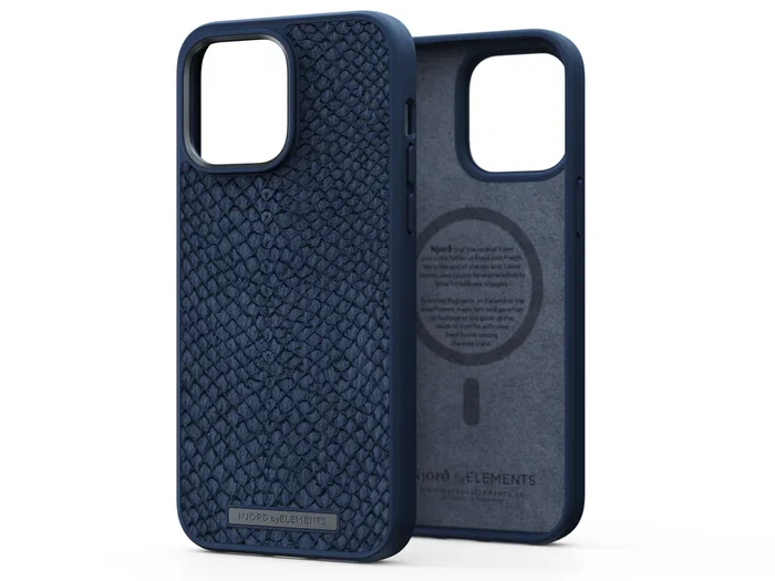 Njord byELEMENTS Funda de Cuero de Salmón con MagSafe para iPhone 14 Pro Max - Azul | Protección Militar MIL-STD-810H | Carga Inalámbrica