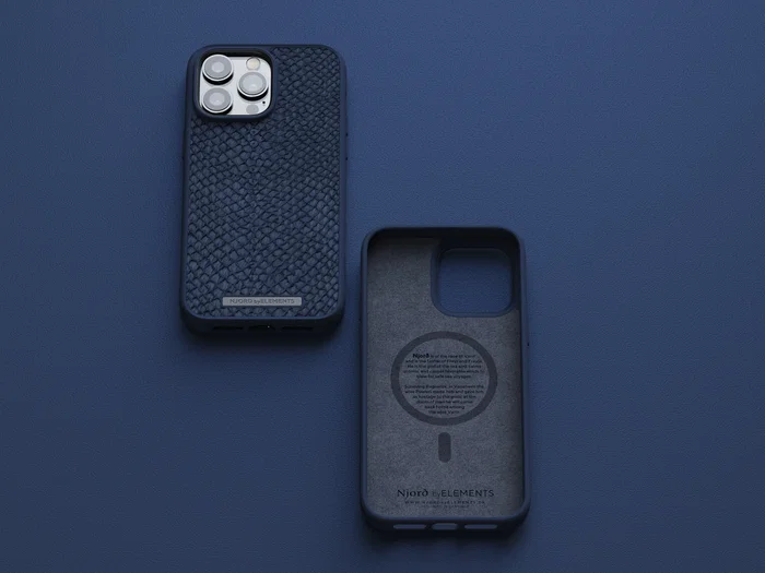 Njord byELEMENTS Funda de Cuero de Salmón con MagSafe para iPhone 14 Pro Max - Azul | Protección Militar MIL-STD-810H | Carga Inalámbrica