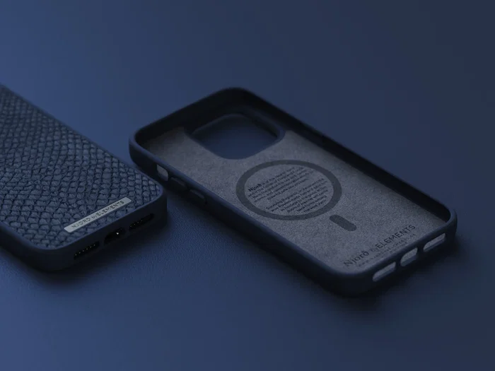 Njord byELEMENTS Funda de Cuero de Salmón con MagSafe para iPhone 14 Pro Max - Azul | Protección Militar MIL-STD-810H | Carga Inalámbrica