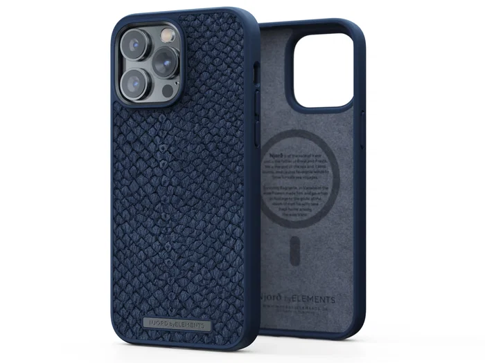 Njord byELEMENTS Funda de Cuero de Salmón con MagSafe para iPhone 14 Pro Max - Azul | Protección Militar MIL-STD-810H | Carga Inalámbrica