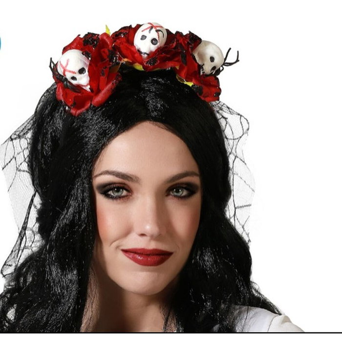 Diadema Catrina con Rosas Rojas, Calaveras y Velo Negro para Mujer Adulto Diadema Catrina con Rosas Rojas, Calaveras y Velo Negro para Mujer Adulto
