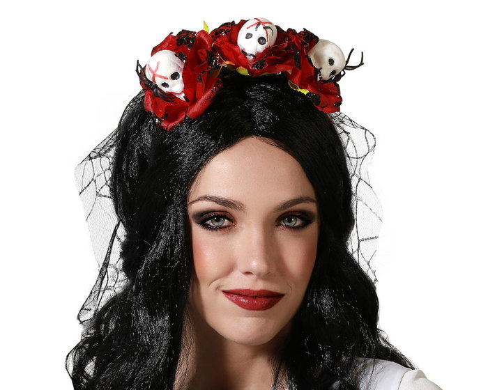 Diadema Halloween Catrina Rosas Calaveras Mujer Adulto Día de Muertos Velo Negro Accesorio Fiesta Temática Diadema Halloween Catrina Rosas Calaveras Mujer Adulto Día de Muertos Velo Negro Accesorio Fiesta Temática