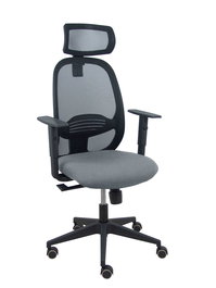 Silla de oficina Cilanco con mecanismo Sincro tapizada con Tela color Gris y malla color Negro. Equipada con lumbar 1D, Brazos 1D, Cabecero 2D y Ruedas de parqué